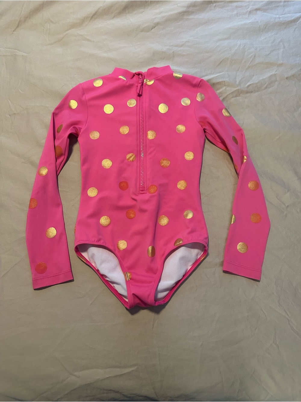 Mini Boden Pink One-Piece Swimsuit with Gold Polka Dots